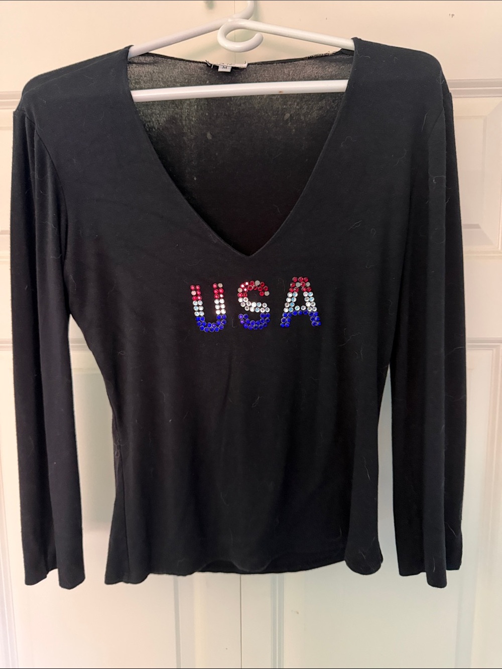 Women’s Black V-Neck Long Sleeve Top with USA Sequin Detail
